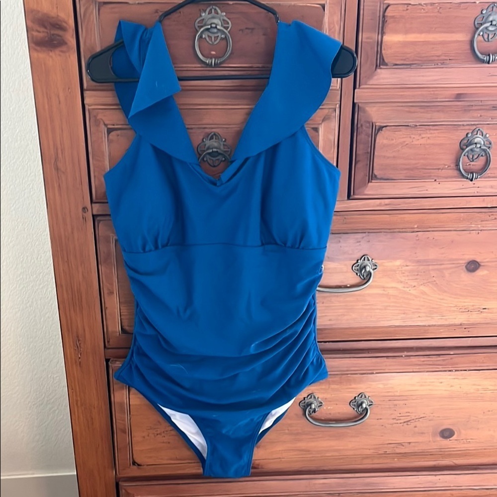 BloomChic Blue One Piece Ruffled V-Neck Swimsuit NWOT